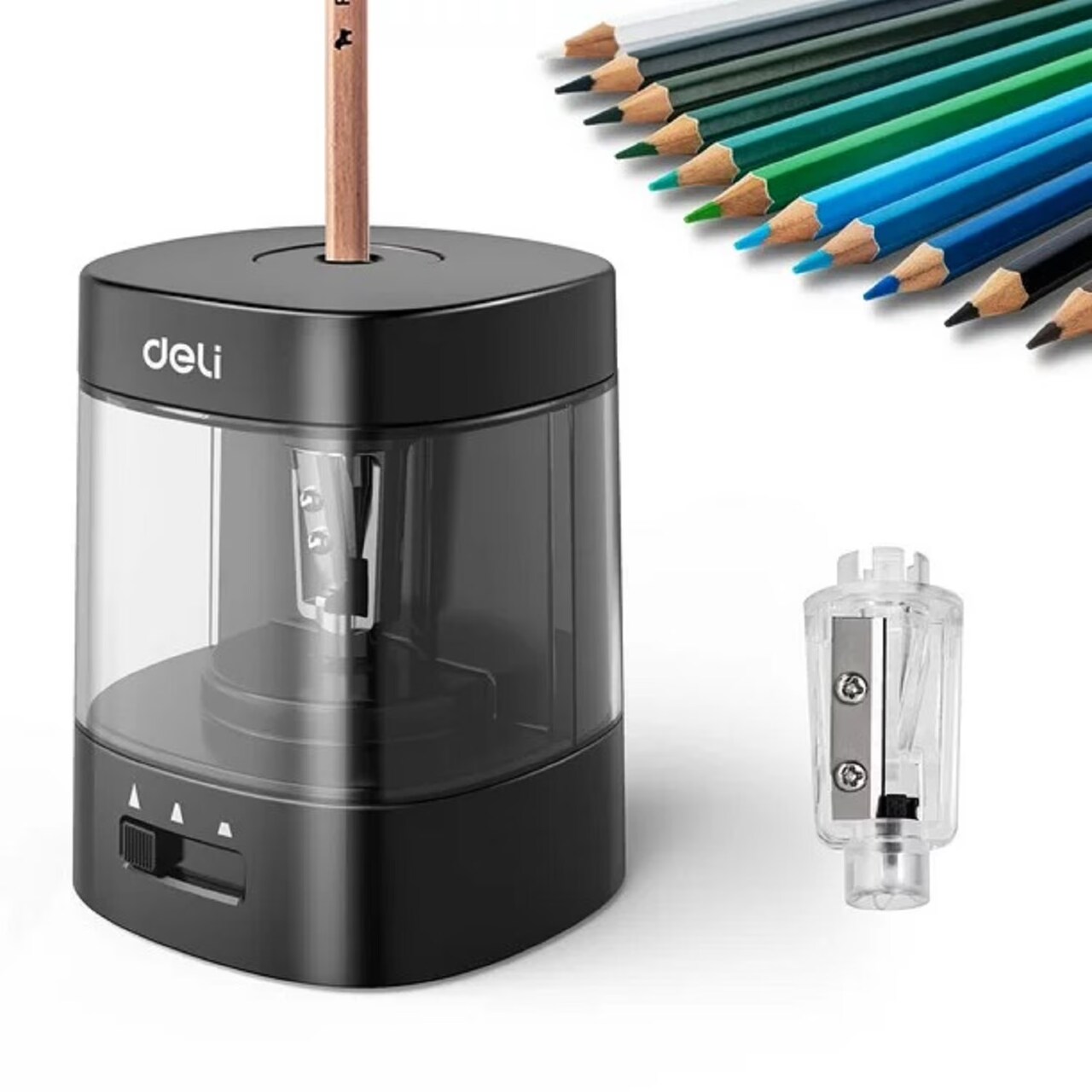 Deli Automatic Electric Pencil Sharpener – Battery & USB Powered, Adjustable Tip & Large Shavings Bin, Fast Sharpening for No.2 & Colored Pencils